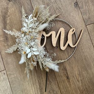 First birthday neutral dried flower cake topper